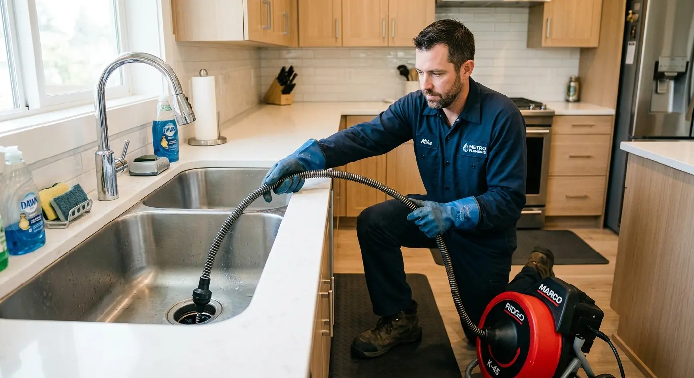 Drain cleaning technician using a motorized snake on a kitchen sink in Delafield