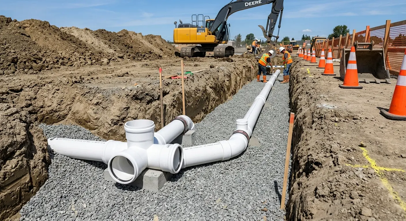 New PVC sewer pipe installation in open trench for Commercial Drain Cleaning in Delafield