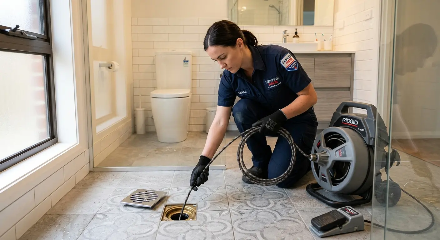 Technician clearing a bathroom floor drain for Sewer Line Installation in Delafield